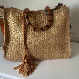 Elegant Gold Tote Bag with Bamboo Handles